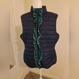 Pearly Vine Maggie May Ruffled Ribbon Puffer Vest Navy w Green XL EUC